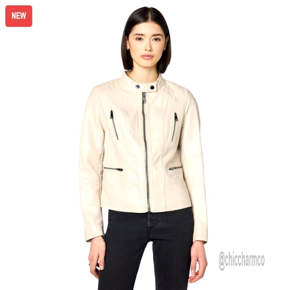 Classic Short Moto Faux Leather Jacket Chic Retro Zipper Closure Stitch Details